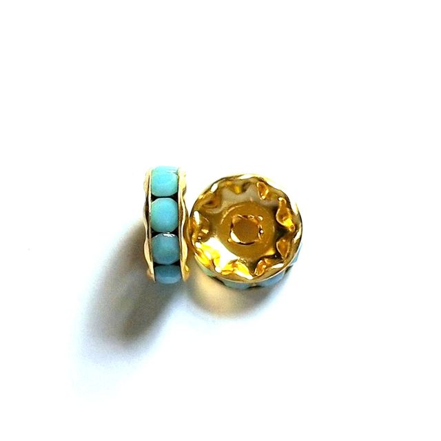 Rhinestone Rondell 10mm Turquoise Opaque Gold Czech Crystal