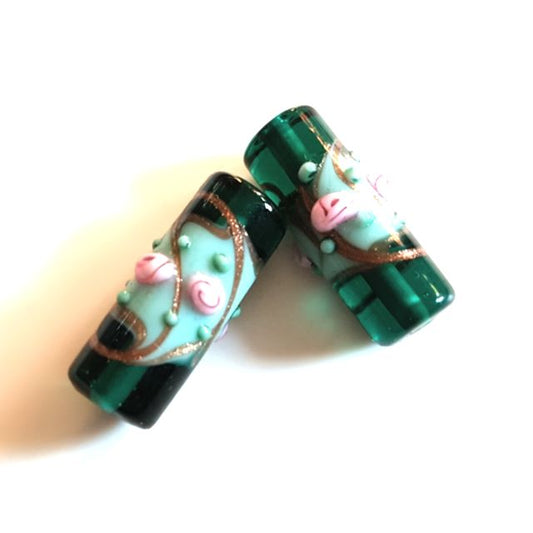 Handmade Venetian Glass Bead Tube Two Tone Roses 22x8mm Teal Mint