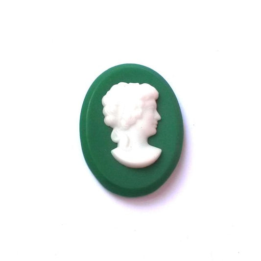 Cameo Glass Oval 34x26mm Portrait of a Woman Emerald and White