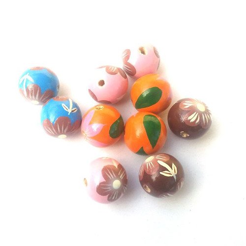 Wooden Painted Bead Floral Design 20mm Assorted Pack 1
