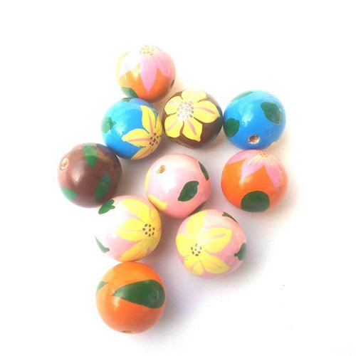 Wooden Painted Bead Floral Design 20mm Assorted Pack 2